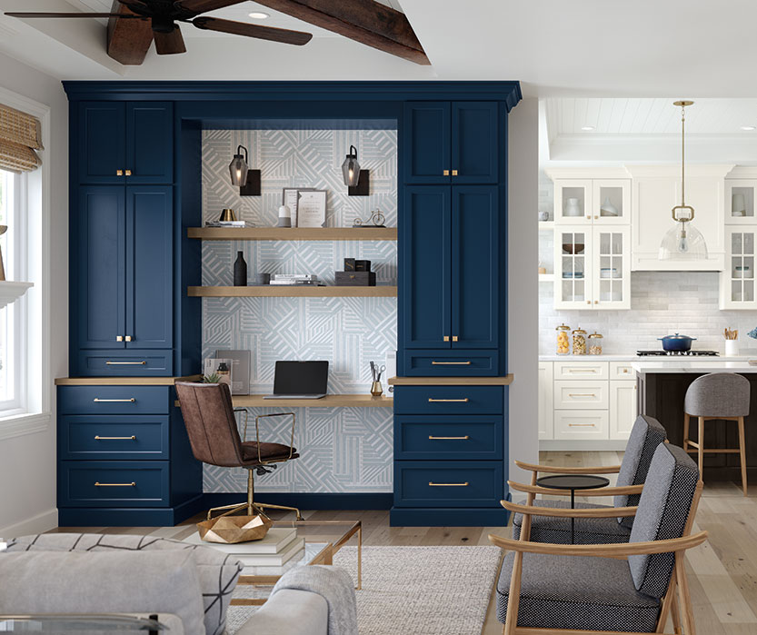 Home Office with Built-In Blue Desk Cabinets - Homecrest Cabinetry